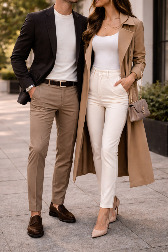 Couple wearing elevated casual outfits for engagement photos including trench coat, white pants, sport coat and light jeans walking outdoors.
