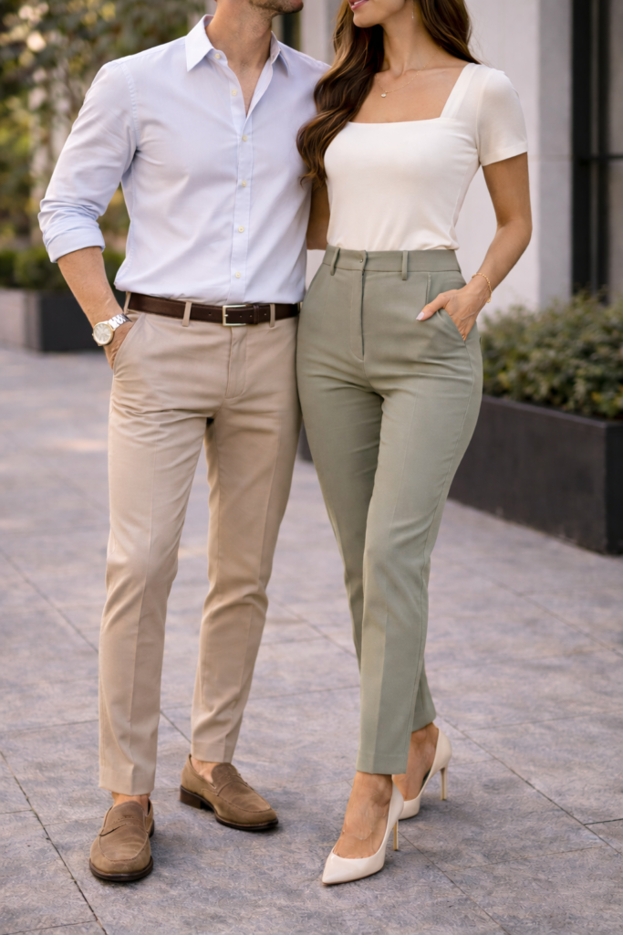 Couple posing for engagement photos with green dress pants and a white blouse, plus.a white button up shirt and khaki pants. Engagement photo outfits