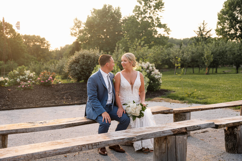 Elegant portrait during golden hour wedding photos, Michigan wedding, orchard