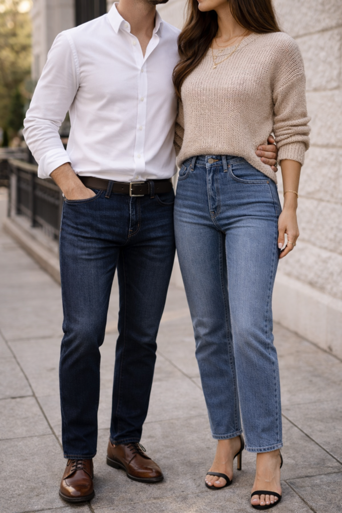 Couple posing for engagement photos with jeans and a white button up shirt, a knitted sweater and jeans with heels. Engagement photo outfits