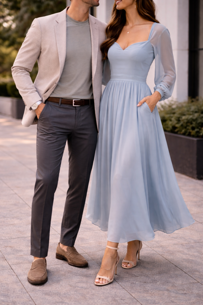 Couple posing for engagement photos wearing grey dress pants and a grey Tshirt with a sport jacket, and blue flowy dress and heels. Engagement photo outfits