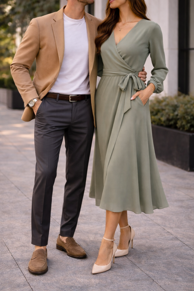 Couple posing for engagement photos wearing grey dress pants and a white Tshirt with a sport jacket, and green flowy dress and heels. Engagement photo outfits
