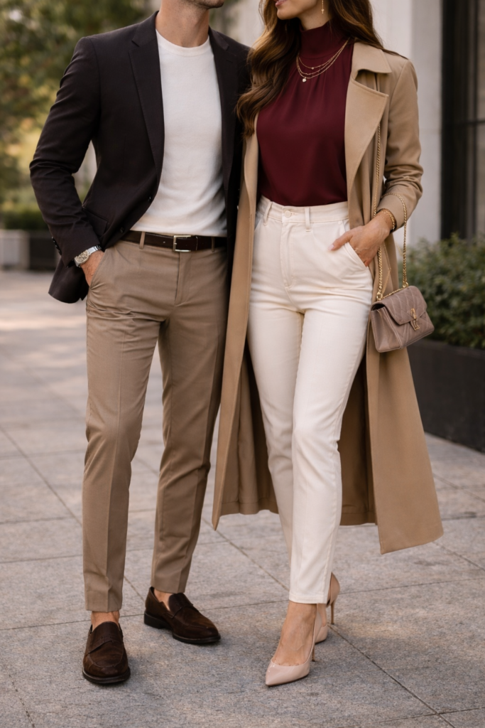 Couple wearing elevated casual outfits for engagement photos including knit sweater, midi skirt, sport coat and dark jeans walking outdoors. Engagement photo outfits