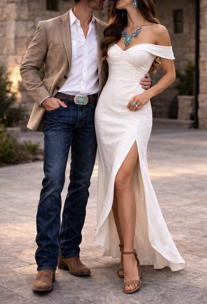 Couple wearing western inspired formal engagement outfits with a white dress, turquoise jewelry, tan sport coat and dark jeans for stylish engagement photos.Engagement photo outfits