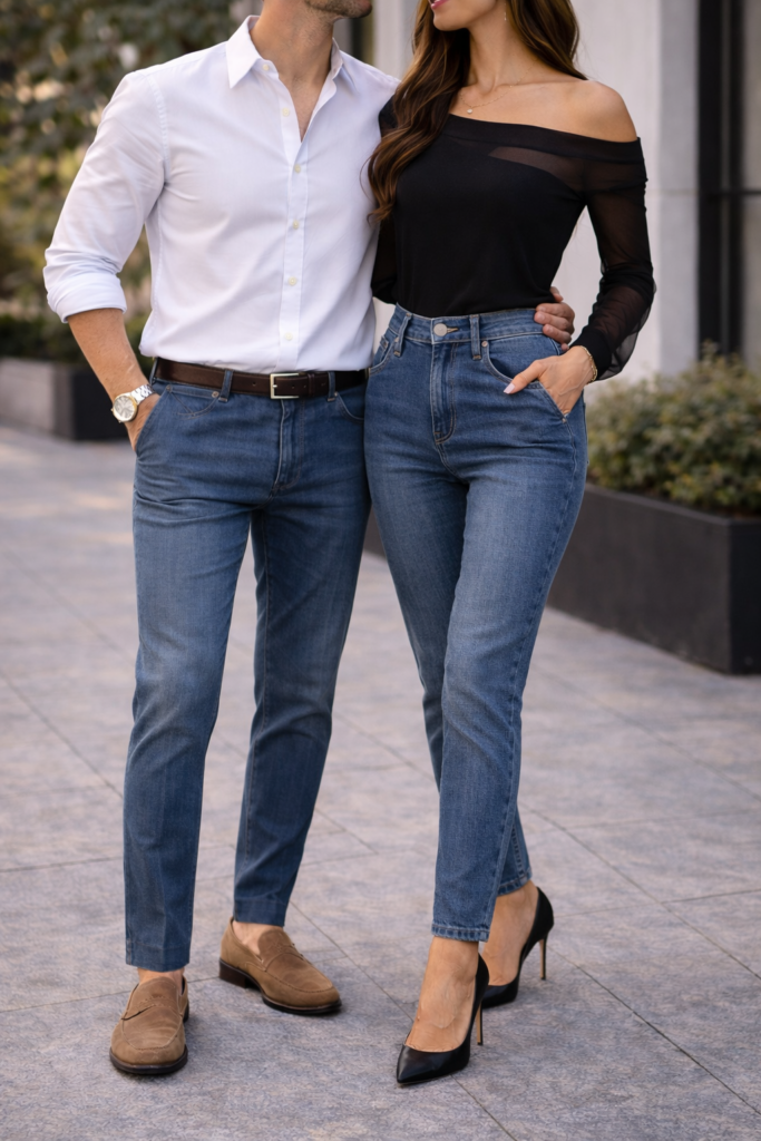 Couple in elegant engagement photo outfits warm weather with button up shirt jeans, elegant black shirt, and black heels. Engagement photo outfits