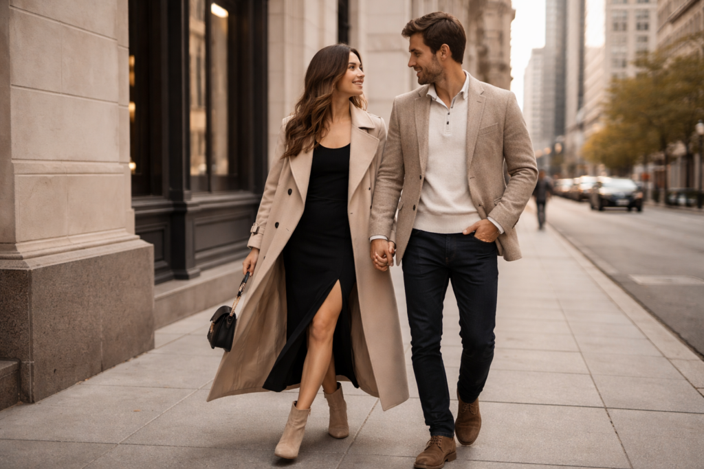 Couple wearing elevated casual outfits for engagement photos including black dress, trench coat, sport coat and dark jeans walking outdoors. Engagement photo outfits
