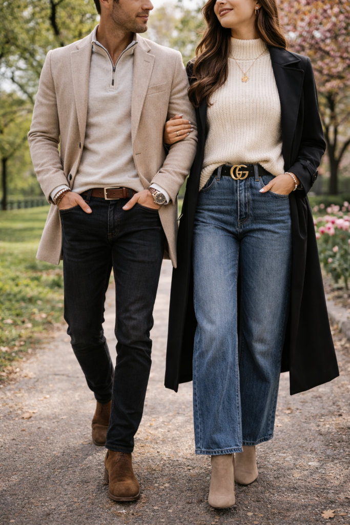 Couple wearing elevated casual outfits for colder engagement photos including knit sweater, midi skirt, sport coat and dark jeans walking outdoors. Engagement photo outfits
