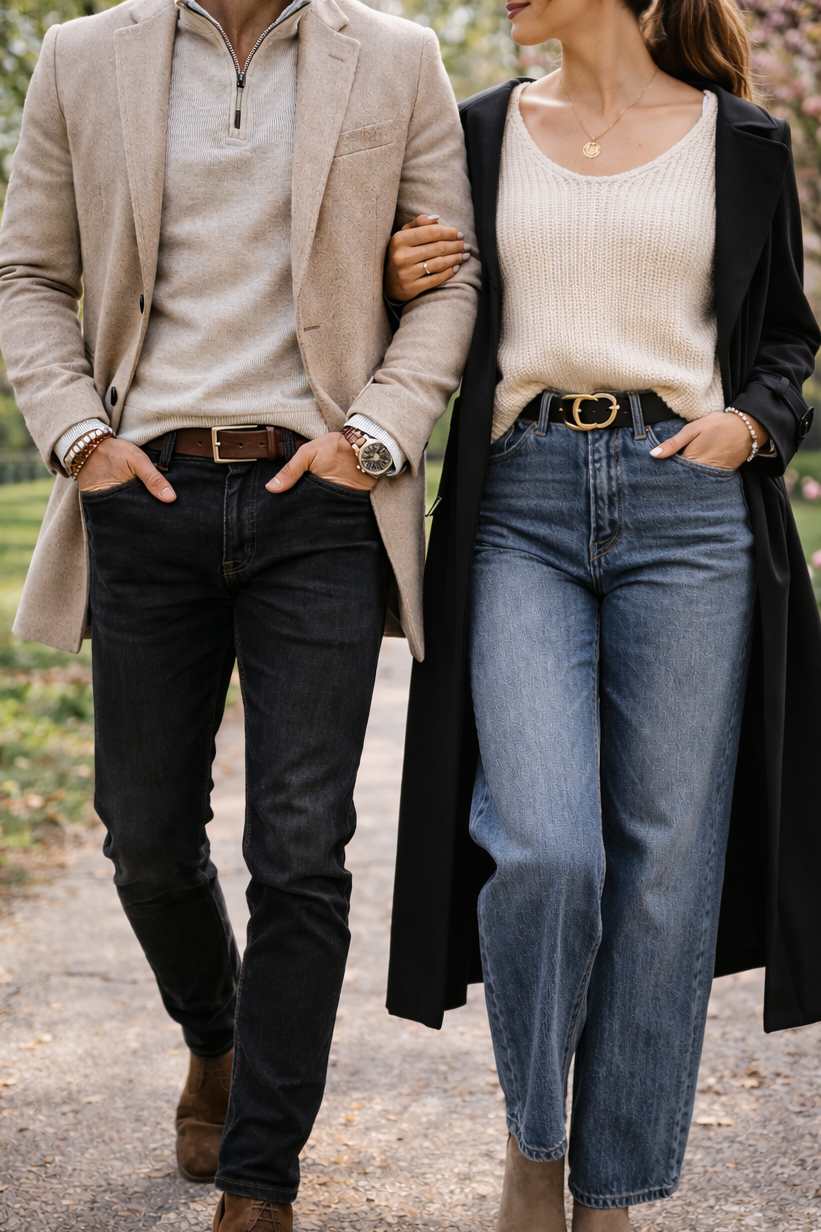 Couple strolling a park wearing a quarter zip sweater with a sport coat and dark jeans paired with a long black trench coat and a knit sweater. Engagement photo outfits