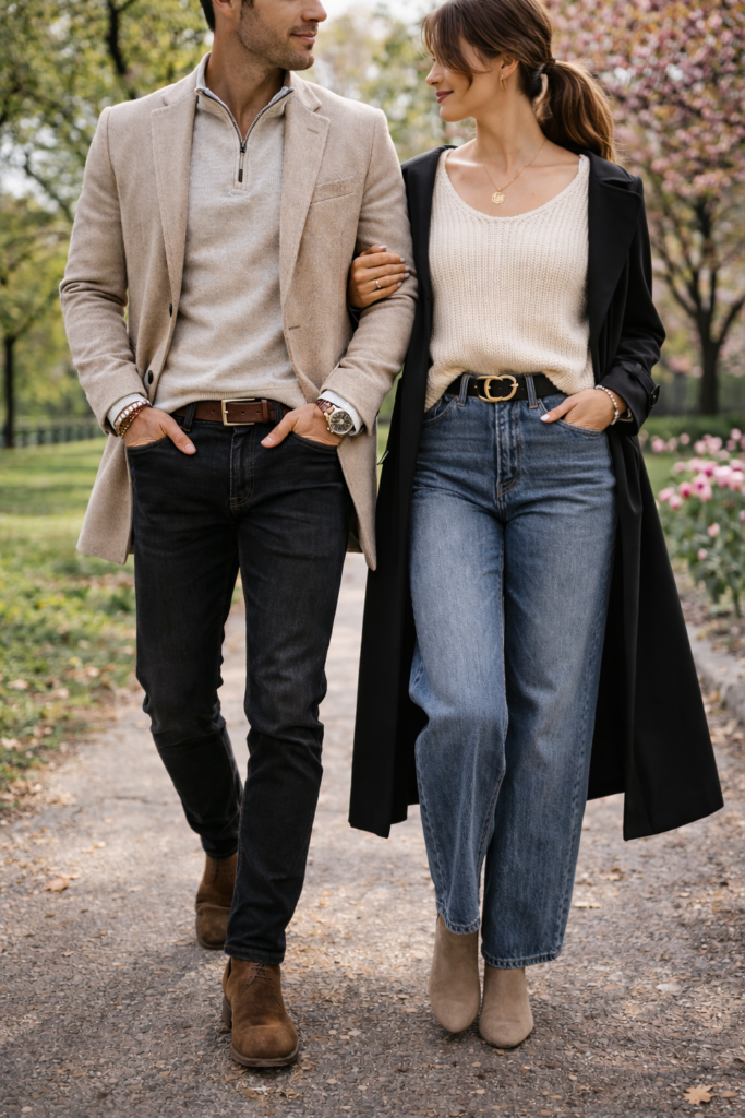 Couple wearing elevated casual outfits for engagement photos including knit sweater, midi skirt, sport coat and dark jeans walking outdoors.Engagement photo outfits