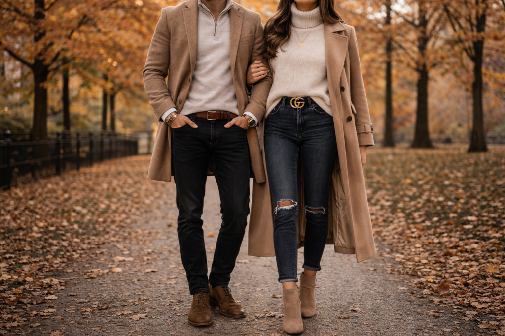Couple wearing elevated casual outfits for engagement photos including knit sweater, midi skirt, sport coat and dark jeans walking outdoors. Engagement photo outfits