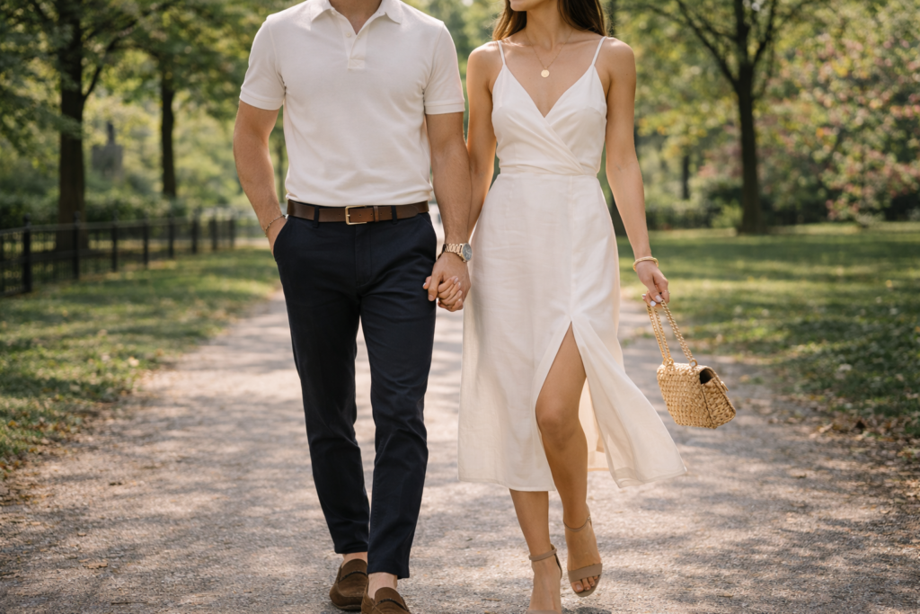 Couple posing for engagement photos with white flowy dress, and a polo shirt with dress pants. Engagement photo outfits