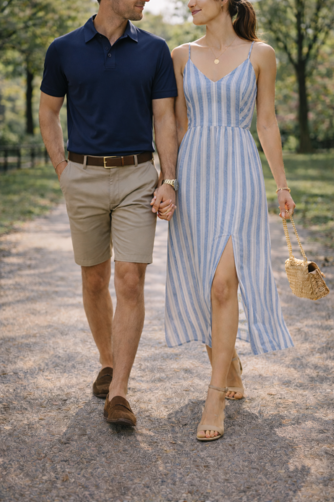 Couple walking in a park for engagement photos. Wearing navy polo shirt and khaki shirts with a stripped midi dress. Engagement photo outfits