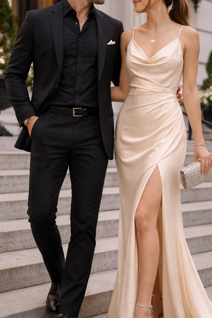 Couple wearing elevated formal engagement session outfits with a black suit and champagne satin dress for an elegant editorial style engagement photo. Engagement photo outfits. Engagement photo outfits