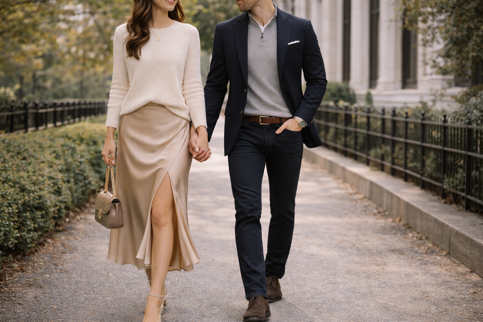Couple wearing elegant engagement photo outfits including a knit sweater, satin skirt, and sport coat walking in a city park for what to wear for engagement photos inspiration.