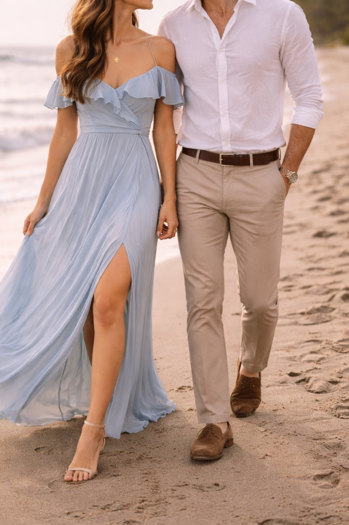 Elegant beach engagement photo outfits with flowing blue dress and neutral linen pants for a romantic seaside engagement session.