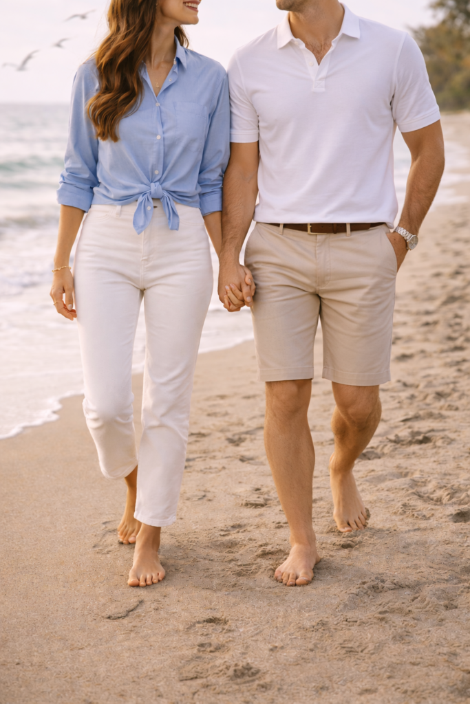 Casual summer engagement photo outfits featuring white polo, light blue blouse, and neutral beach ready style for engagement photos.