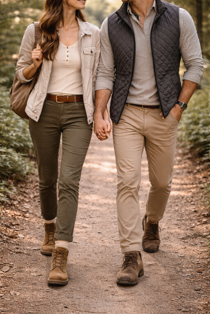 Outdoor engagement photo outfits with neutral layers, vest, boots, and earthy tones perfect for wooded engagement sessions.