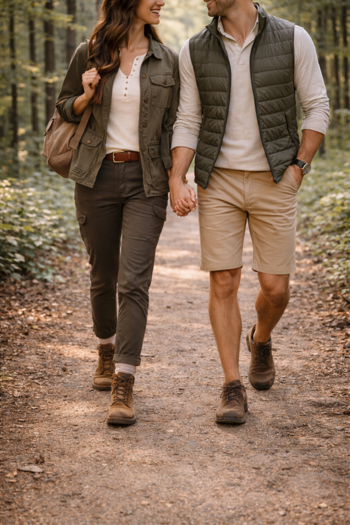 Adventure inspired engagement photo outfits with vest layers, neutral shorts, and outdoorsy style for a hiking engagement session.