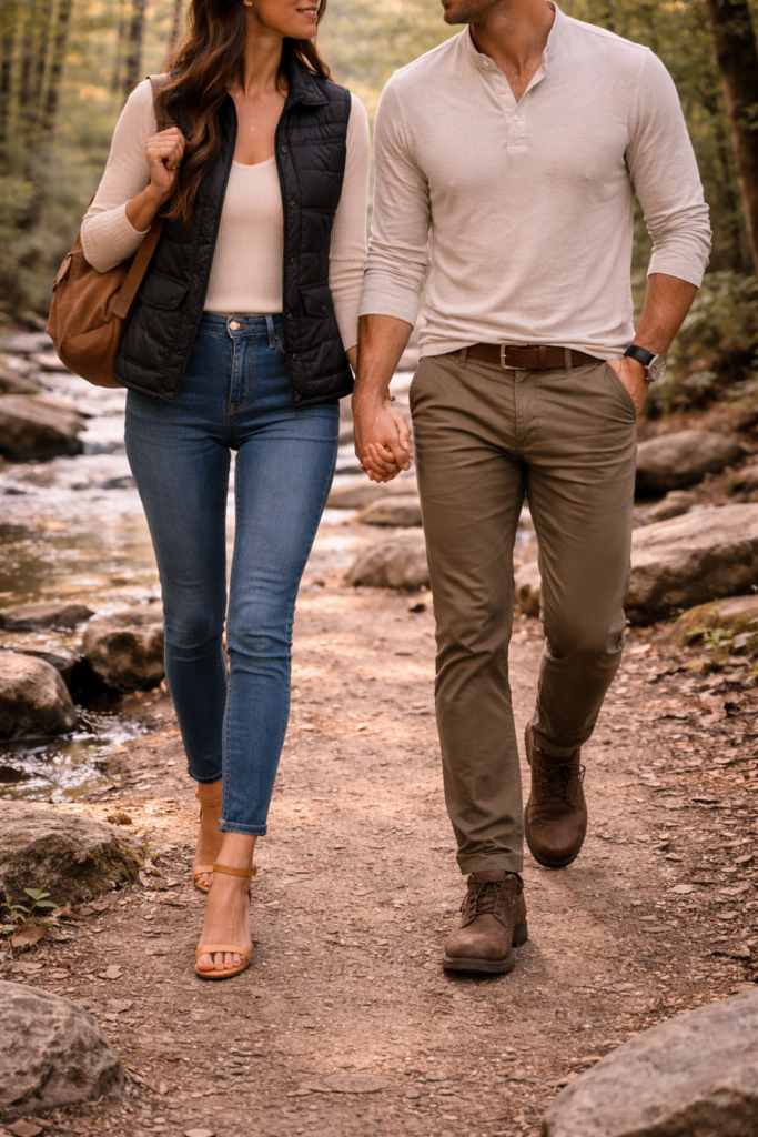 Stylish outdoor engagement photo outfits with fitted jeans, neutral sweater, and boots for a natural forest engagement session.