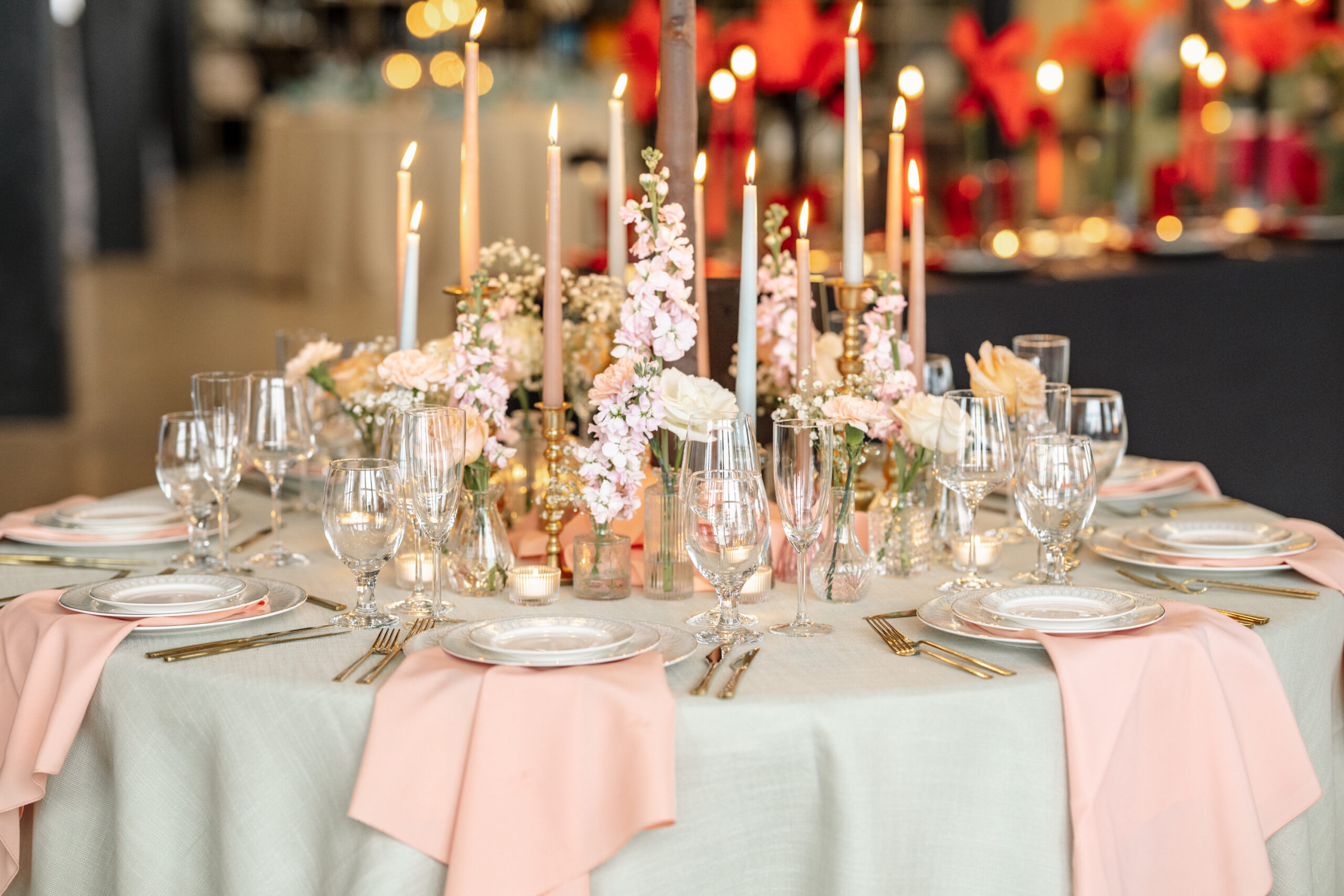 Elegant table decor set up for a wedding pink and sage