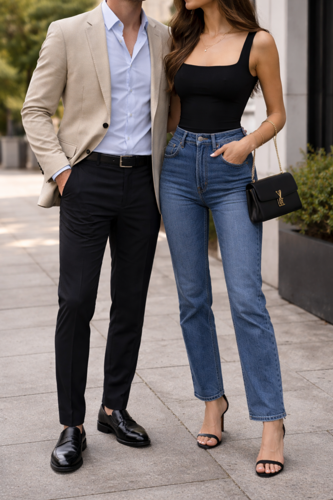 Couple posted for engagement photos with a black tank top and jeans paired with a light blue button up shirt, beige sport jacket, and dark pants. Engagement photo outfits