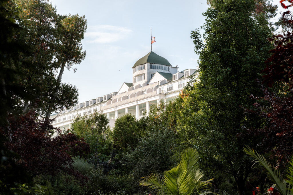 Grand Hotel Mackinac Island with iconic front porch and gardens luxury wedding venue. Kali Britton Wedding Photography