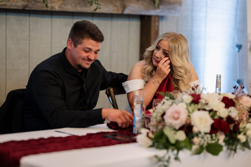 Bride gets emotional at maid of honor speech. 