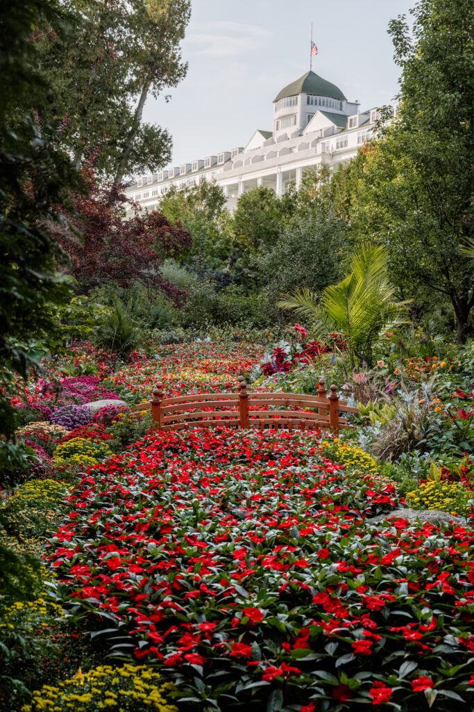 Mackinac Island Secret Garden in the fall showing the Grand Hotel
